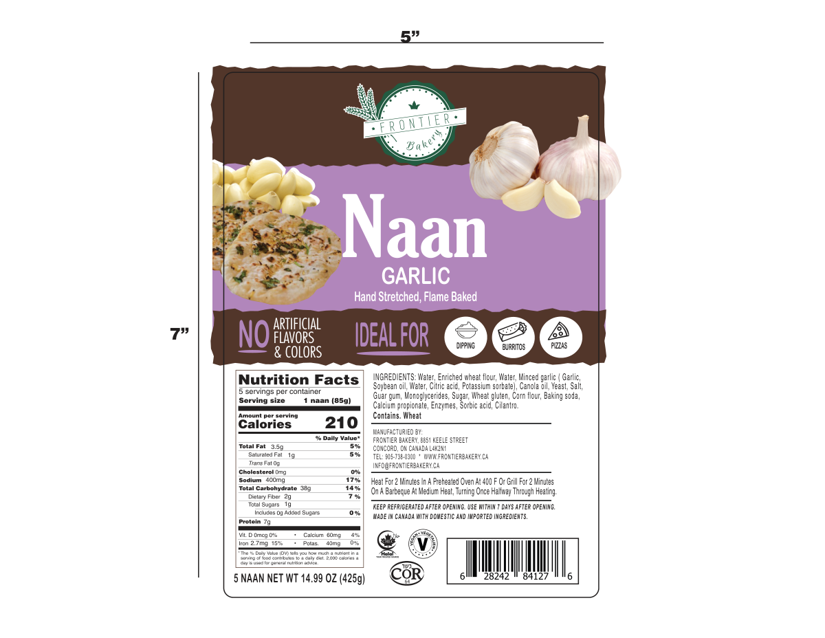 Frontier Bakery garlic naan 5-pack packaging - family size